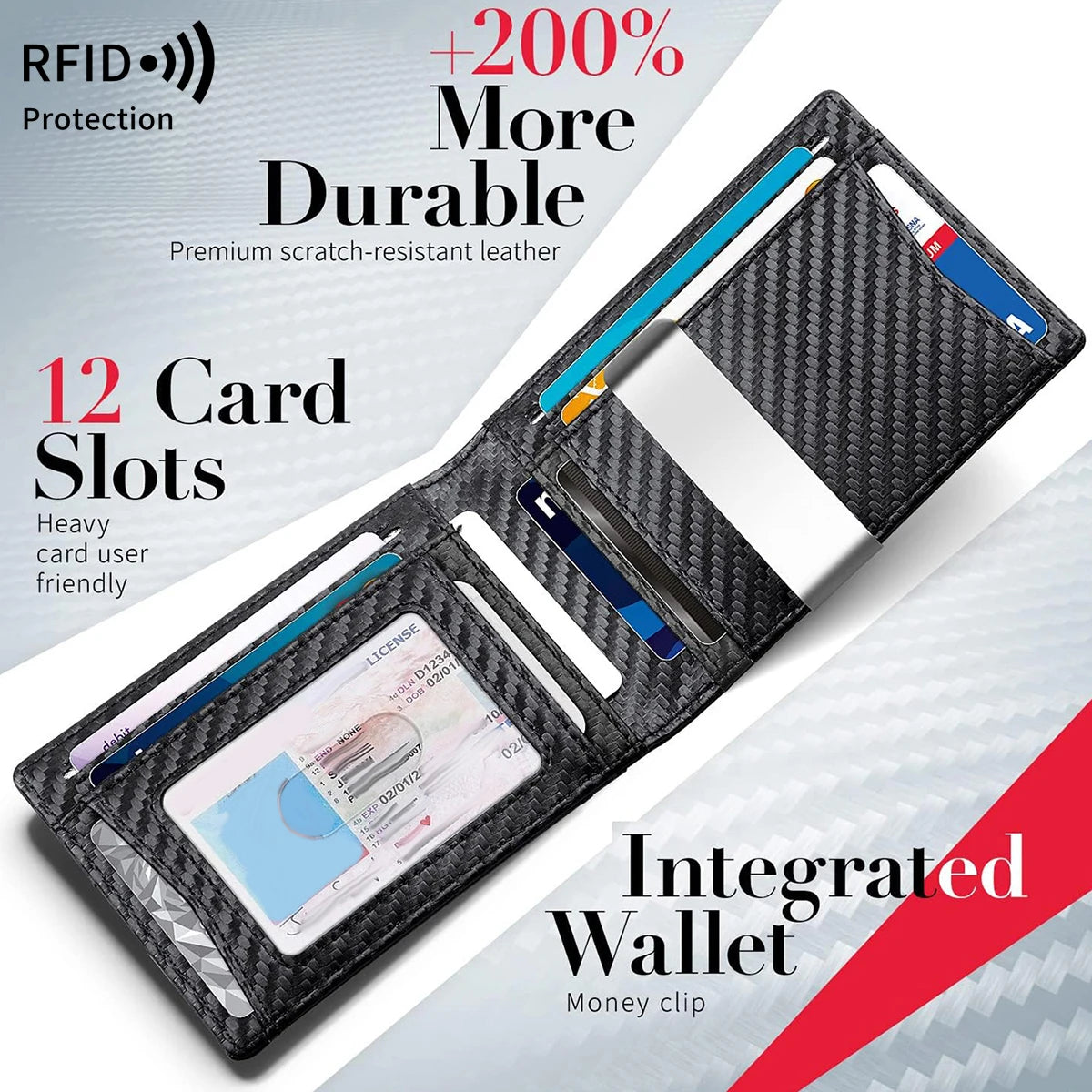 RFID Blocking Men's Carbon Fiber Pattern Wallet Minimally Thin Double Fold Credit Card Holder Portable Front Pocket Wallet