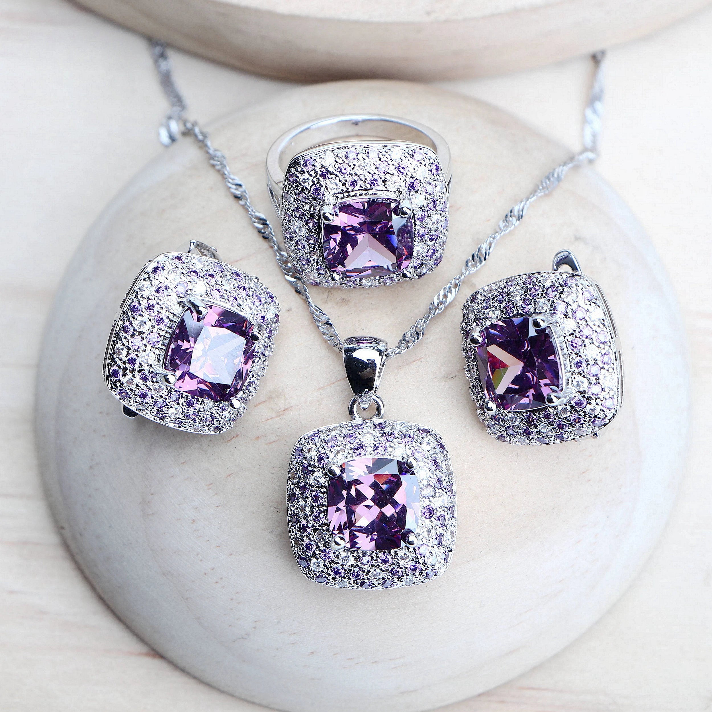 Purple Zirconia Women Bridal Jewelry Sets Silver 925 Fine Costume Jewellery Wedding Earrings Rings Bracelets Pendant...