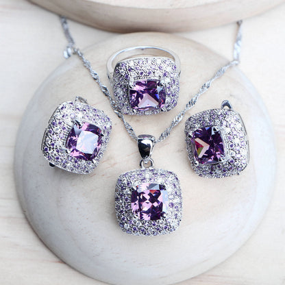 Purple Zirconia Women Bridal Jewelry Sets Silver 925 Fine Costume Jewellery Wedding Earrings Rings Bracelets Pendant...