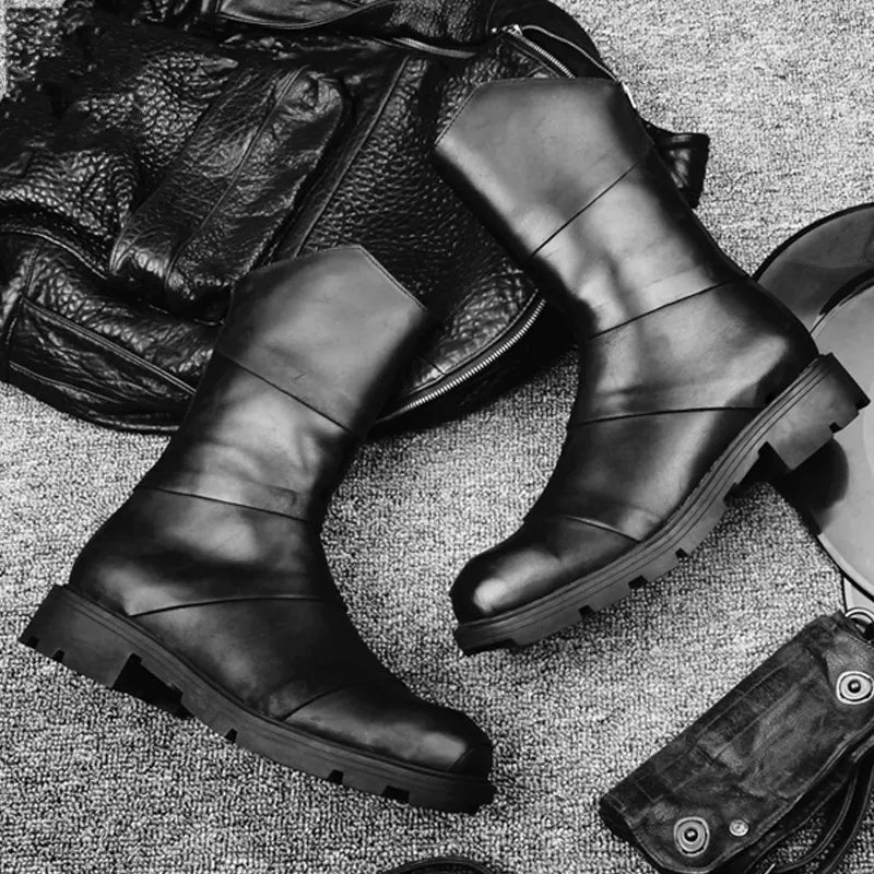Punk Style Zipper Men Genuine Leather High-Top Sneakers Street Round Toe Winter Warm Platform Boots Black Motorcycle...