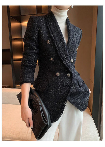 2021 autumn new style small fragrant black temperament wool small suit jacket women's self-cultivation suit blouse