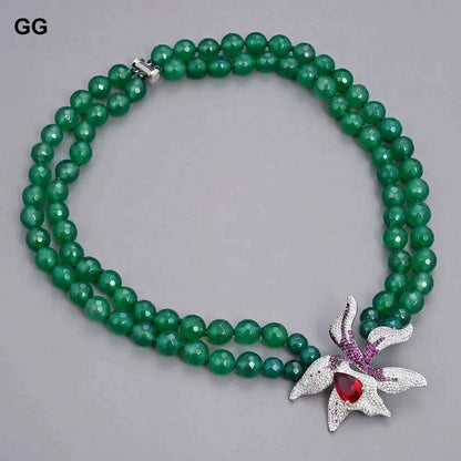 GuaiGuai Jewelry 18"-19'' 2 Rows Green Round Agates Necklace Red Crystal CZ Flower Pendant For Women