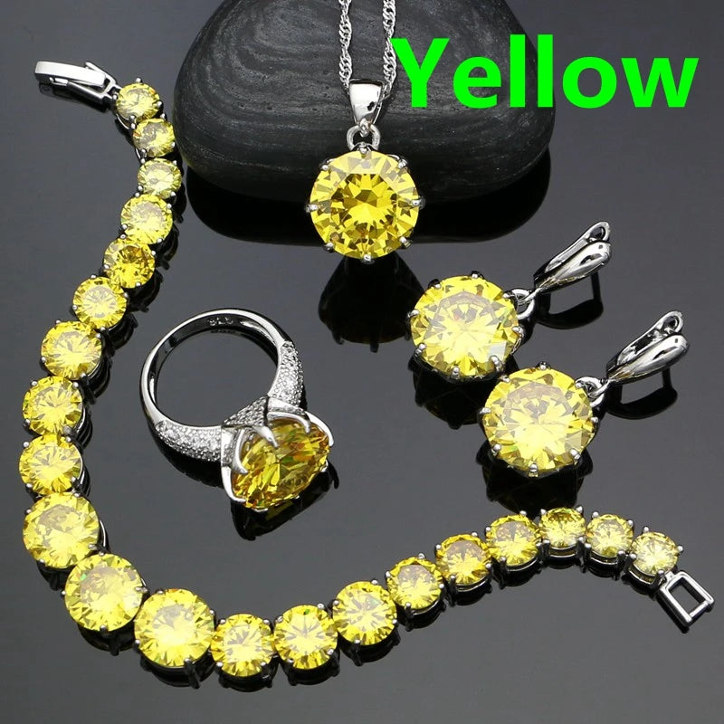925 Sterling Silver Bridal Jewelry Sets For Women Yellow Cubic Zirconia Earrings Pendant Ring Bracelet Necklace Set