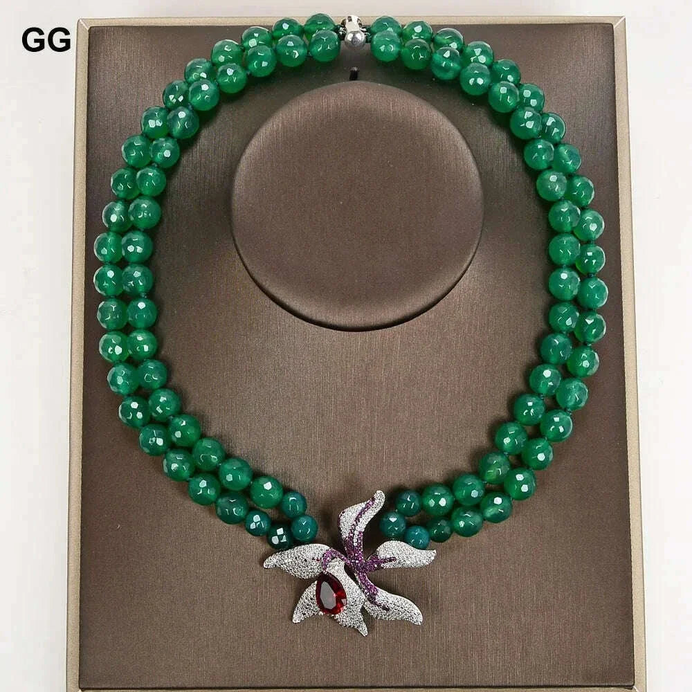 GuaiGuai Jewelry 18"-19'' 2 Rows Green Round Agates Necklace Red Crystal CZ Flower Pendant For Women