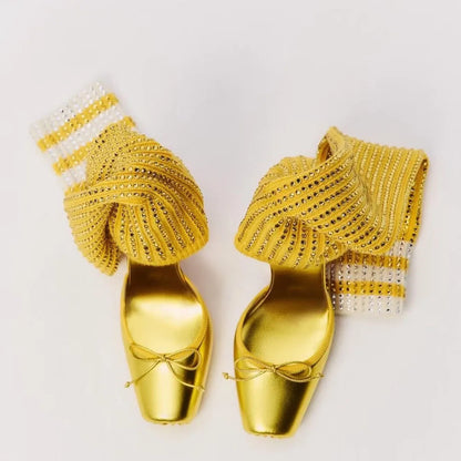Diamonds Knitting Upper Summer High Heels Shoes Front Bow Square Toe Knee High Boots Pleated Stretchy Cut Out Socks Sandals