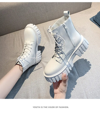 2022 New Women White Ankle Boots PU Leather Thick Sole Lace Up Combat Booties Female Autumn Winter Platform Shoes Woman