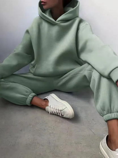 Women's Tracksuit Casual Solid Long Sleeve Hooded Sport Suits Autumn Warm Hoodie Sweatshirts and Long Pant Fleece Two Piece Sets - Kimlud