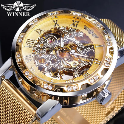 Winner Golden Watches Men Skeleton Mechanical Watch Crystal Mesh Slim Stainless Steel Band Top Brand Luxury Hand Wind Wristwatch