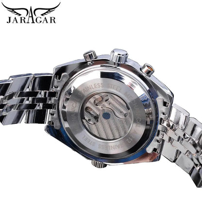 Jaragar White Dial Automatic Watch Complete Calendar Silver Stainless Steel Luminous Business Sport Mechanical Date Wristwatch