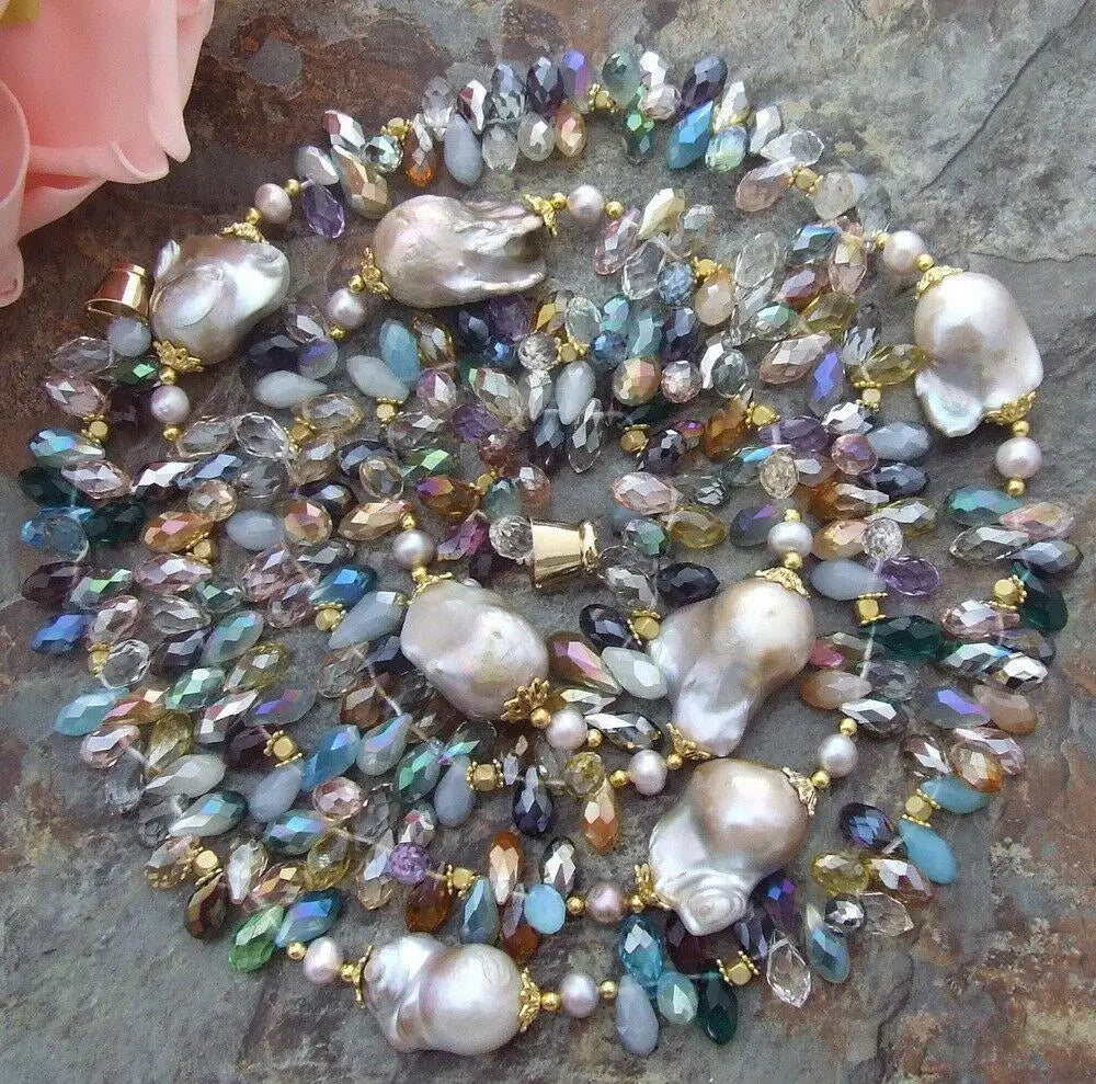 YYGEM 49'' 25MM Purple Nucleated Flameball Baroque Pearl top-Drilled Multi Color Teardrop Crystal long Necklace | Kimlud...