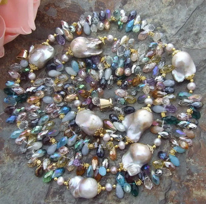 YYGEM 49'' 25MM Purple Nucleated Flameball Baroque Pearl top-Drilled Multi Color Teardrop Crystal long Necklace | Kimlud...