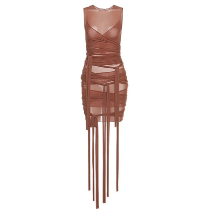 Bangniweigou Ribbon Wrap Up Draped Mesh See Through Bandage Dress Women Mummy Tie Up Bodycon High Waist Short Brown Dresses - Kimlud