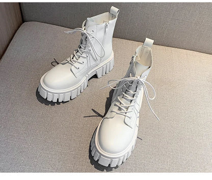 2022 New Women White Ankle Boots PU Leather Thick Sole Lace Up Combat Booties Female Autumn Winter Platform Shoes Woman