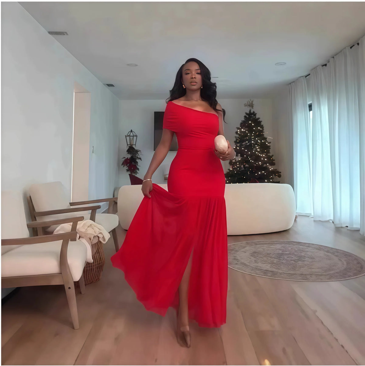 Guangzhou FTS 1688 Agent One-Stop Sourcing One Shoulder Ruched Split Maxi Evening Dress Wholesale 1688.com QC Consolidation