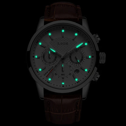2023 New Mens Watches LIGE Top Brand Leather Chronograph Waterproof Sport Automatic Date Quartz Watch For Men Relogio Masculino