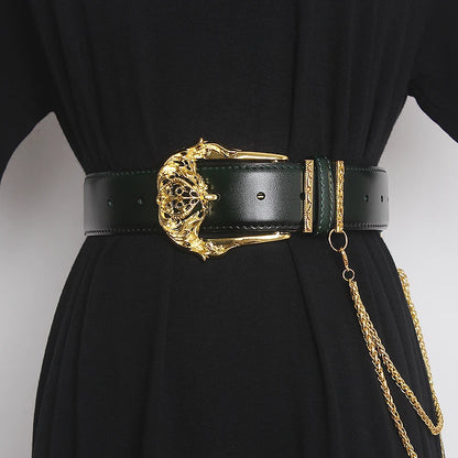 Women's Runway Fashion Gold Buckle Genuine Leather Cummerbunds Female Dress Corsets Waistband Belts Decoration Wide Belt TB1757