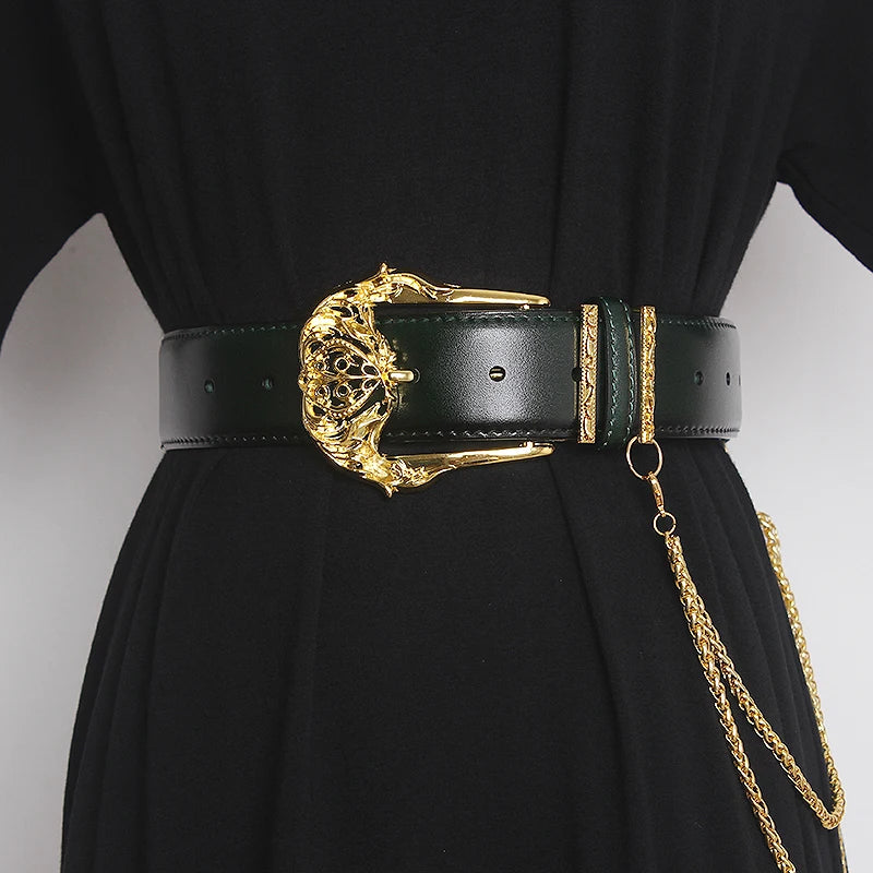 Women's Runway Fashion Gold Buckle Genuine Leather Cummerbunds Female Dress Corsets Waistband Belts Decoration Wide Belt TB1757