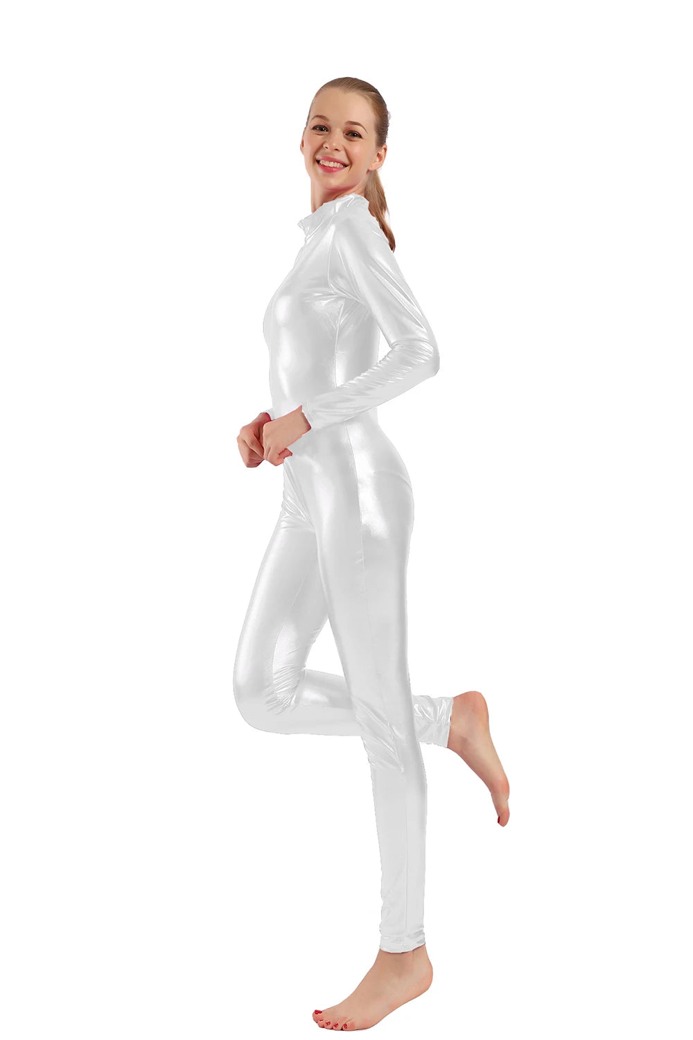 AOYLISEY Women Shiny Metallic Catsuits Unitard Long Sleeve Mock Neck Ballet Jumpsuits for Hollween  Men Cosplay Zentai Costumes