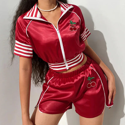 Hot Sale Women Tracksuit Fashion Cherry Embroidery Zipper Crop Top Two Pieces Short Set Sports Wear for Women - Kimlud