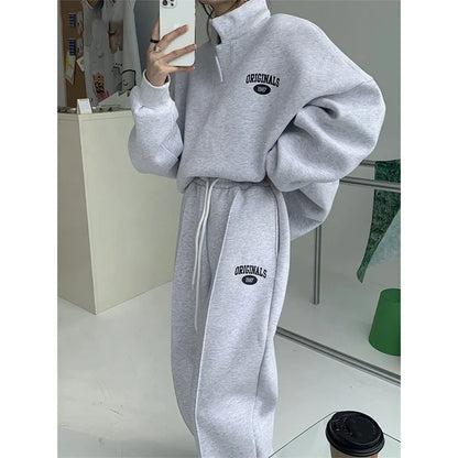 2023 Women Sweatshirt Suit Oversized Sets Female Stand Collar Loose Sweatshirt + Long Pants Suits Short Sets