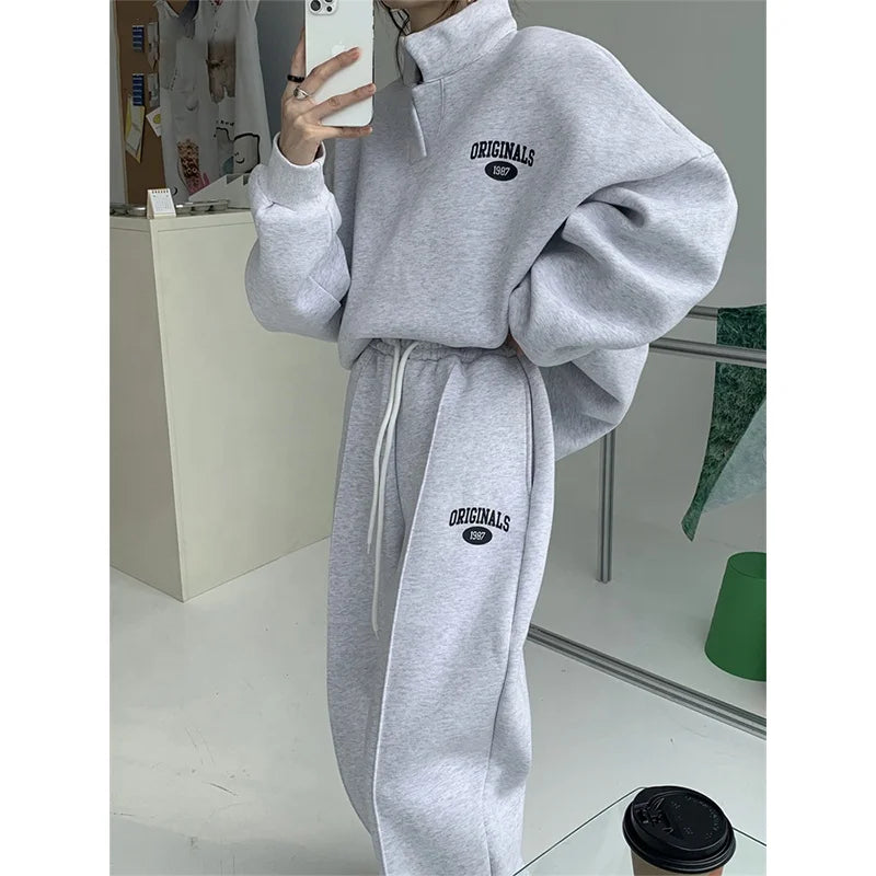 2023 Women Sweatshirt Suit Oversized Sets Female Stand Collar Loose Sweatshirt + Long Pants Suits Short Sets