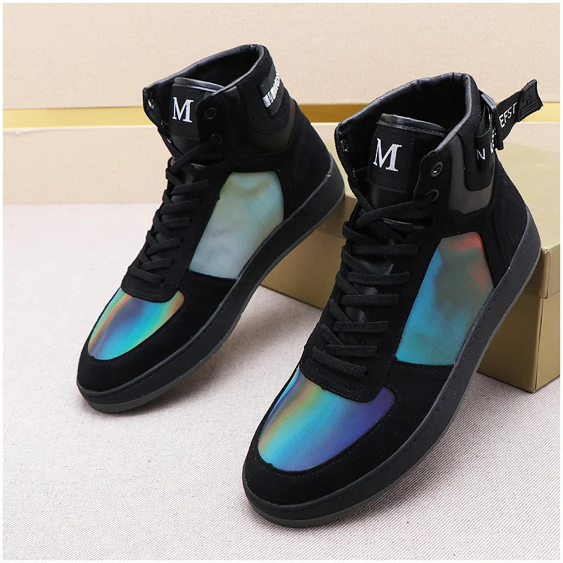 Fashion New Arrival Men's Dazzle Colour Mix High Tops Shoes Causal Flats Moccasins Punk Sports Walking Sneakers Zapatos Hombre