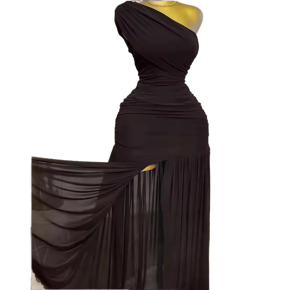 Guangzhou FTS 1688 Agent One-Stop Sourcing One Shoulder Ruched Split Maxi Evening Dress Wholesale 1688.com QC Consolidation