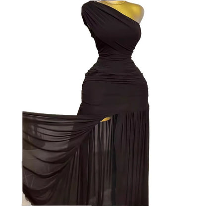Guangzhou FTS 1688 Agent One-Stop Sourcing One Shoulder Ruched Split Maxi Evening Dress Wholesale 1688.com QC Consolidation