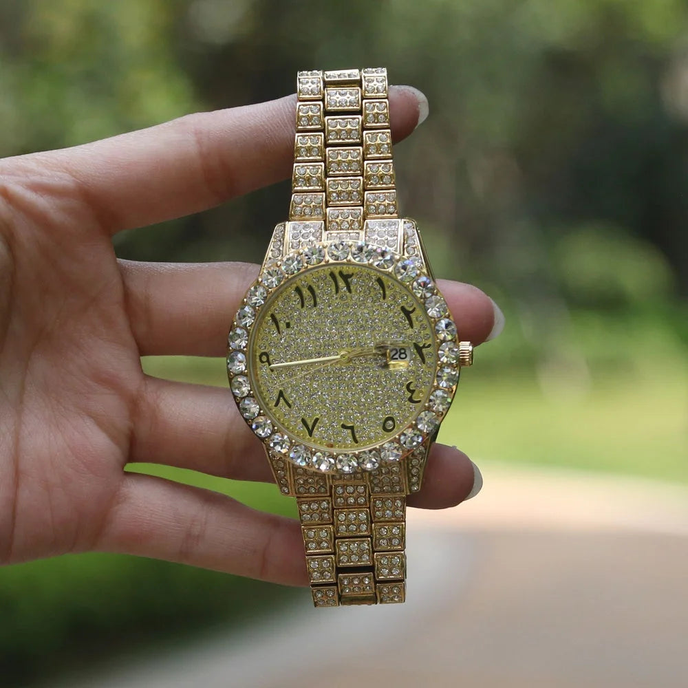 Brand Hip Hop 18k Gold Plated Steel CZ Diamond Wrist Men Watches