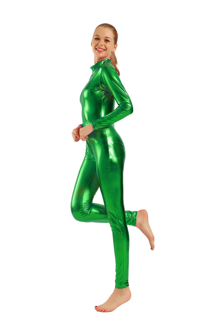 AOYLISEY Women Shiny Metallic Catsuits Unitard Long Sleeve Mock Neck Ballet Jumpsuits for Hollween  Men Cosplay Zentai Costumes