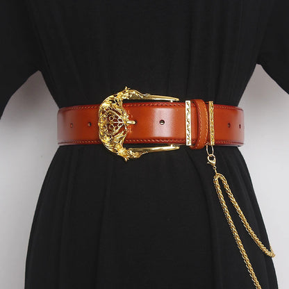 Women's Runway Fashion Gold Buckle Genuine Leather Cummerbunds Female Dress Corsets Waistband Belts Decoration Wide Belt TB1757