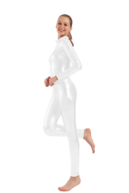 AOYLISEY Women Shiny Metallic Catsuits Unitard Long Sleeve Mock Neck Ballet Jumpsuits for Hollween  Men Cosplay Zentai Costumes