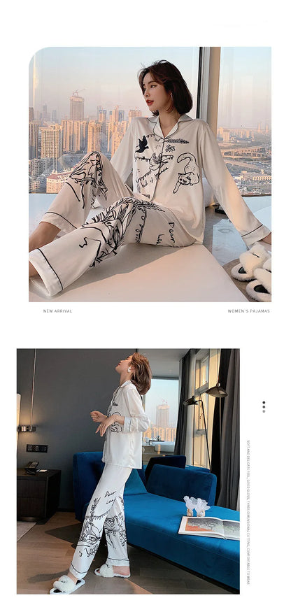 QSROCIO Women's Pajamas Set Luxury Style Fashion Natural Animal Graffiti Sleepwear Silk Like Leisure Home Clothes...