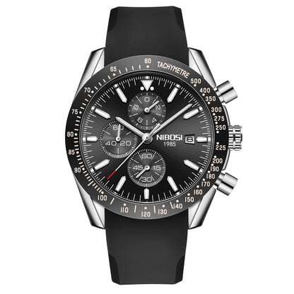 NIBOSI 2615 Business Style Men Watch Luminous Real Leather Band Wristwatch Silicone Strap Chronograph Quartz Watches