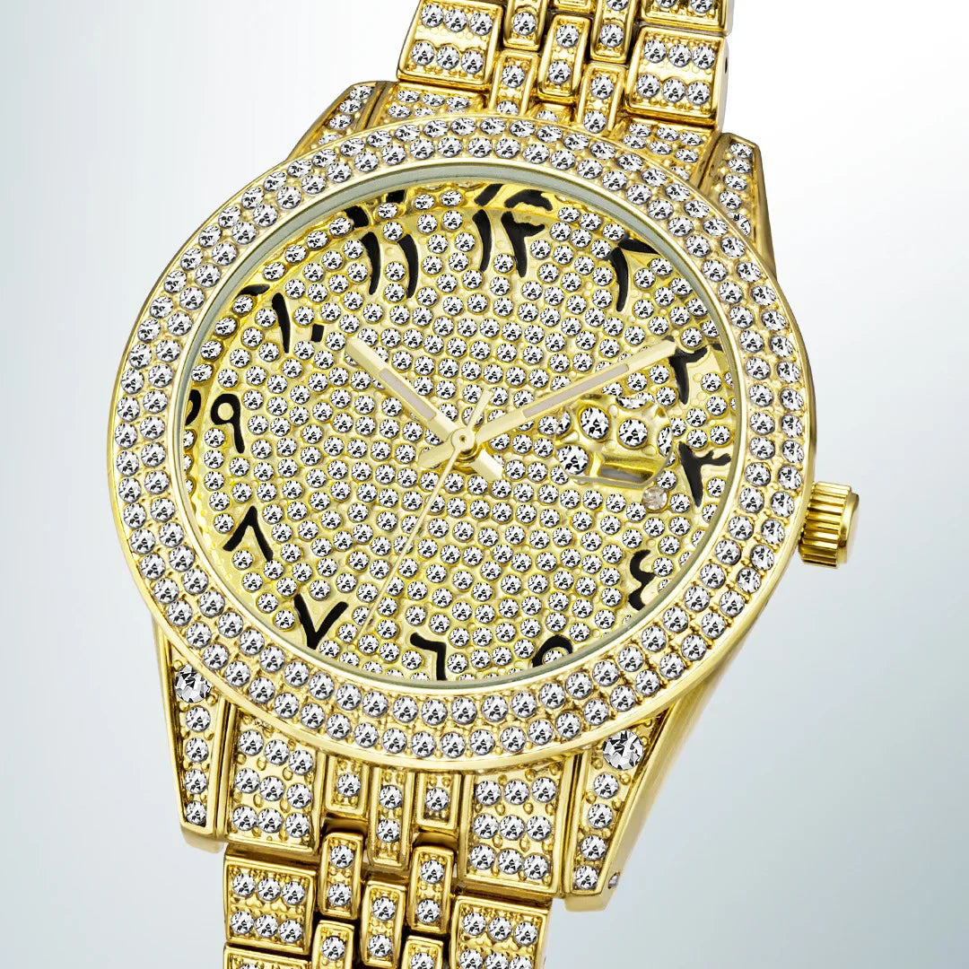 Quality Arabic Scale Quartz Watch With Diamond Bling Ice Out Calendar Watch for Men Waterproof Hand Clock Hip Hop Stylish Clock