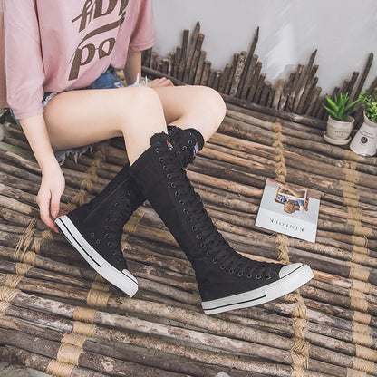 Canvas Long Boots for Women High Top Women Canvas Shoes Lace Up Knee High Boots Flats Casual Vulcanized Shoes Sneakers Girls