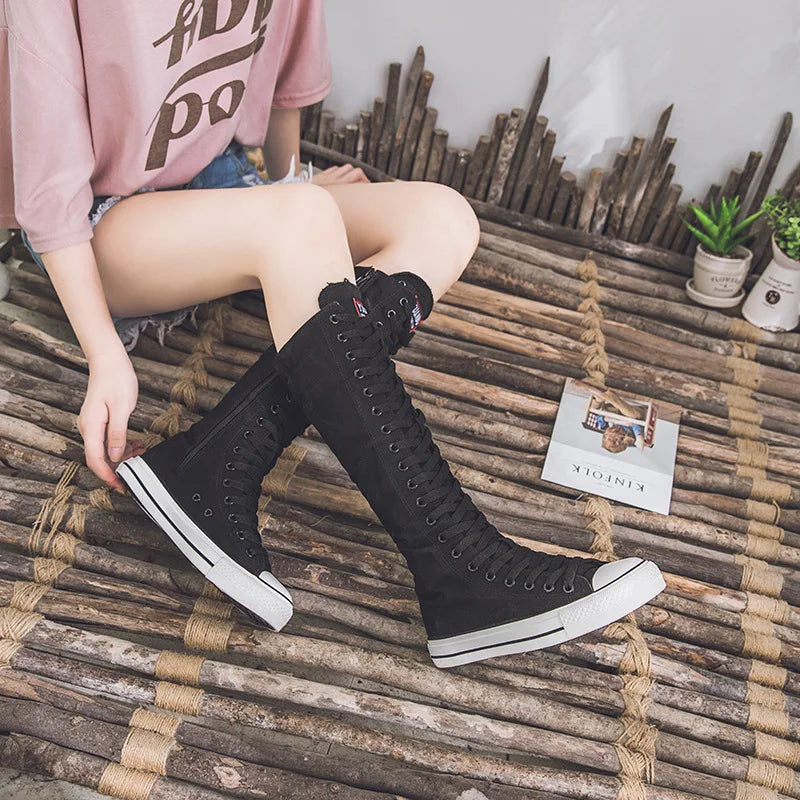 Canvas Long Boots for Women High Top Women Canvas Shoes Lace Up Knee High Boots Flats Casual Vulcanized Shoes Sneakers Girls