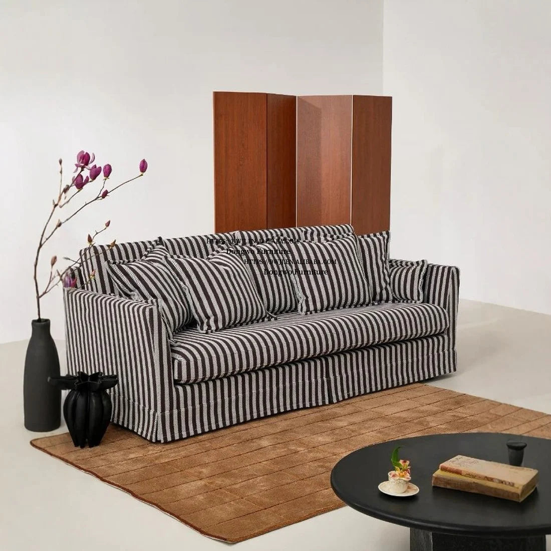 North European and American Style Rural Linen Striped Fabric Three Seater Sofa, Fully Disassembled and Washed Furniture...