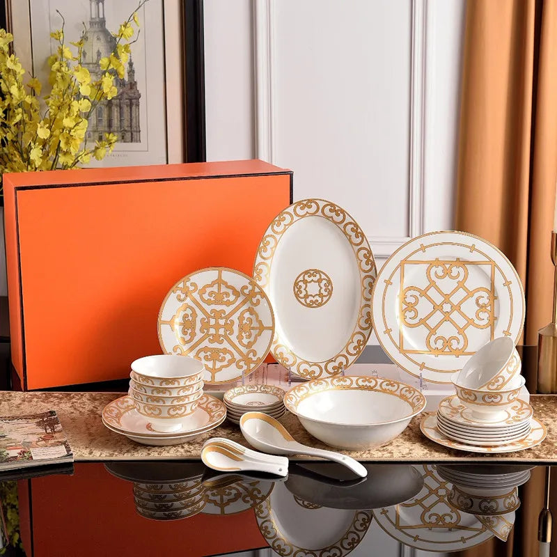 European Color Bone China Dinnerware Sets Family Tableware-Western Food Plate Bowl Coffee Set Classic Hot Sale Classic...