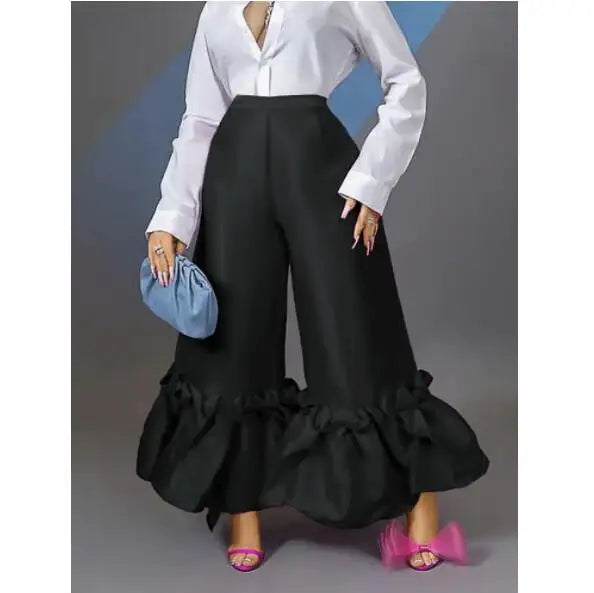 Autumn High Waist Black New Sweet Fashion Ruffle Plus Size Woman Pants