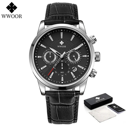 2024 New WWOOR Design Men Watches Top Brand Luxury Waterproof Leather Quartz Wristwatch Sports Chronograph Relogio Masculino+Box