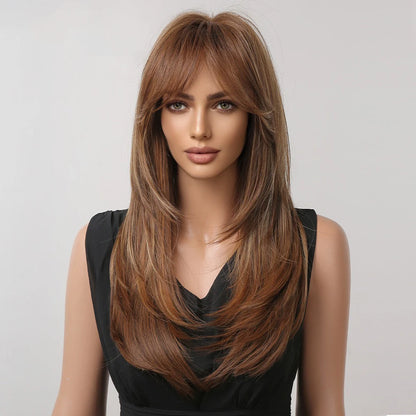 Factory Outlet MOQ 1Long Layered Brown Synthetic Wigs for Women Straight Blonde Mixed Bangs Wigs Use Heat Resistant Fiber