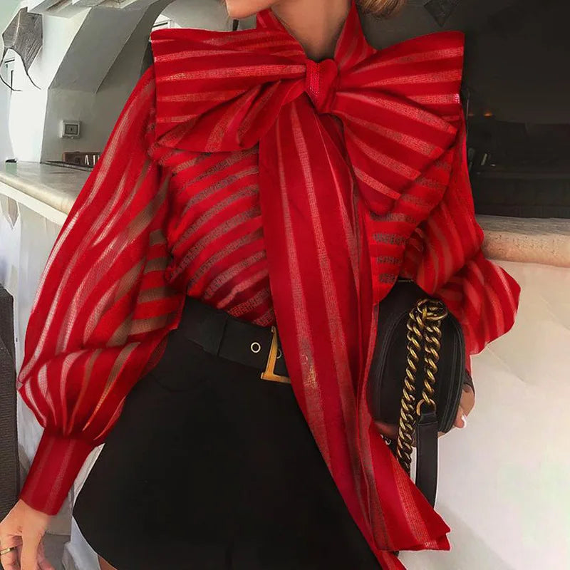 Europe Spring Womens Red Striped Organza Blouses Sexy Perspective Lace-up Bow Mesh Blusas Tops Lantern Sleeve Black Femme Shirt