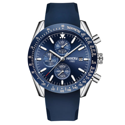 NIBOSI 2615 Business Style Men Watch Luminous Real Leather Band Wristwatch Silicone Strap Chronograph Quartz Watches