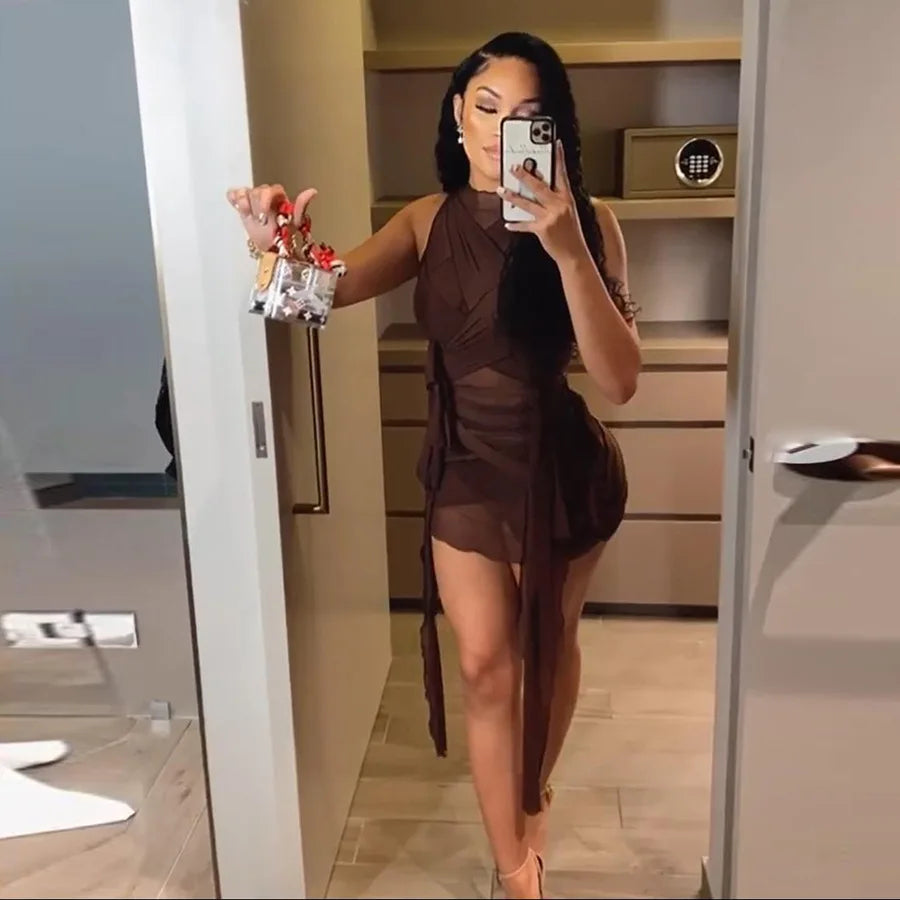Bangniweigou Ribbon Wrap Up Draped Mesh See Through Bandage Dress Women Mummy Tie Up Bodycon High Waist Short Brown Dresses - Kimlud