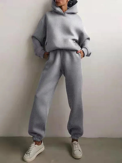 Women's Tracksuit Casual Solid Long Sleeve Hooded Sport Suits Autumn Warm Hoodie Sweatshirts and Long Pant Fleece Two Piece Sets - Kimlud