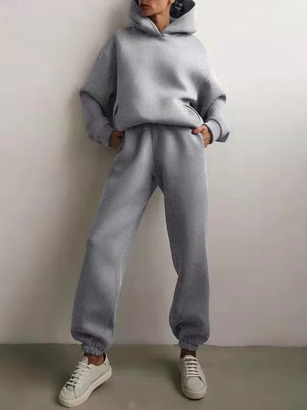Women's Tracksuit Casual Solid Long Sleeve Hooded Sport Suits Autumn Warm Hoodie Sweatshirts and Long Pant Fleece Two Piece Sets - Kimlud