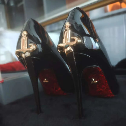Metal Sceptre Microfiber Upper Open Toe Super High Heel Red Bottom Fine Heel Solid Color Women's Shoes Natural Rubber Outsole