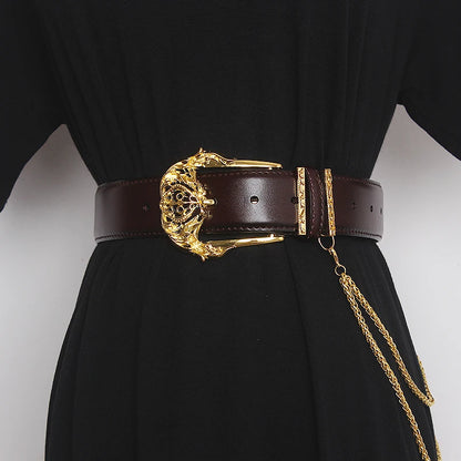 Women's Runway Fashion Gold Buckle Genuine Leather Cummerbunds Female Dress Corsets Waistband Belts Decoration Wide Belt TB1757
