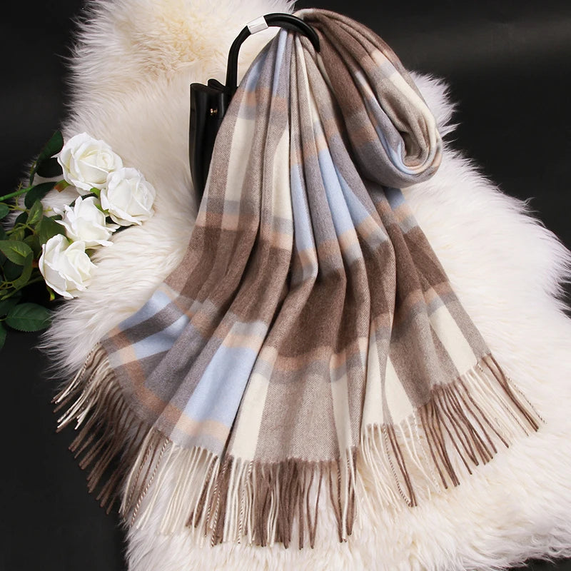 Winter 100% Lamb Wool Scarf Women Luxury Thicken Warm Shawls Wraps Checkered Pashmina Foulard Femme Plaid Cashmere...